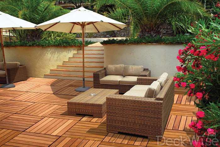 Balcony constructed with modular hardwood Deck Tile Connectors